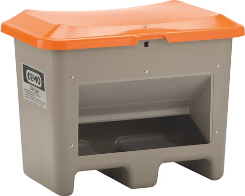 Streugutbehälter L890 x B600 x H690 mm 200l GFK grau/orange m.Entnahmeöffnung
