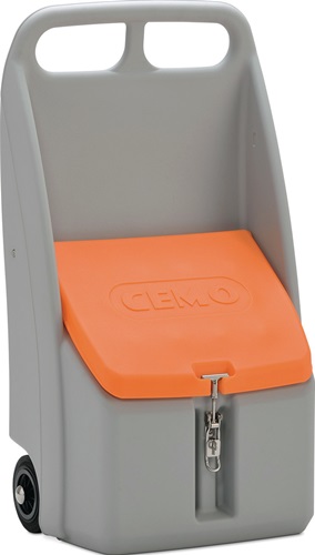 Streugutbehälter L390 x B590 x H1070 mm 70l GFK grau/orang.fahrbar,m.Gummirädern