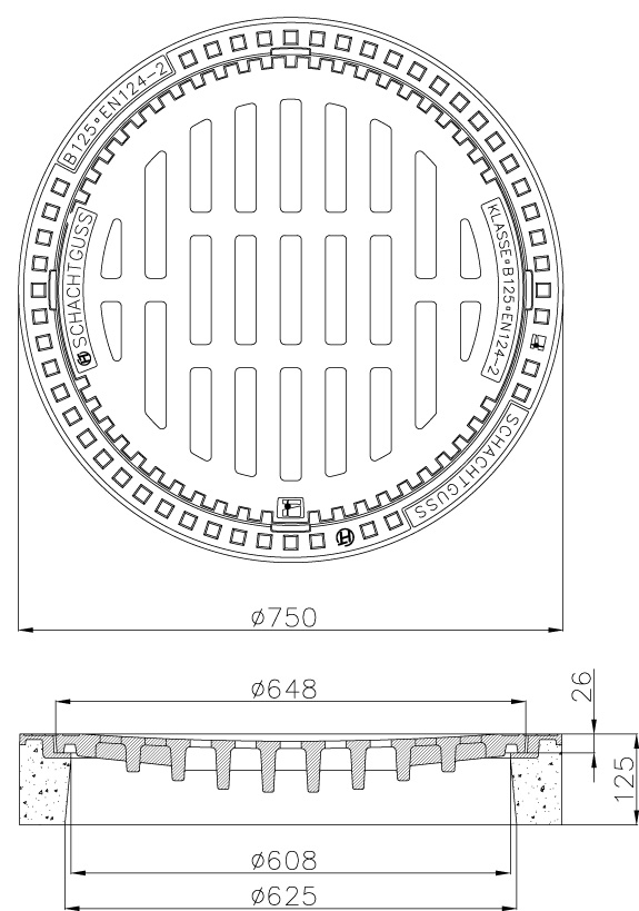 Schachtabdeckung Einlaufrost, Rund Kl. B125 = 12,5to | 5010040008
